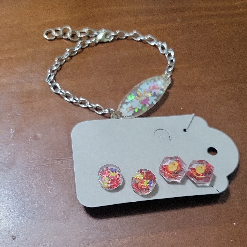 Set Of Plastic Simpsons Bracelet And 2 Pairs Of Earrings